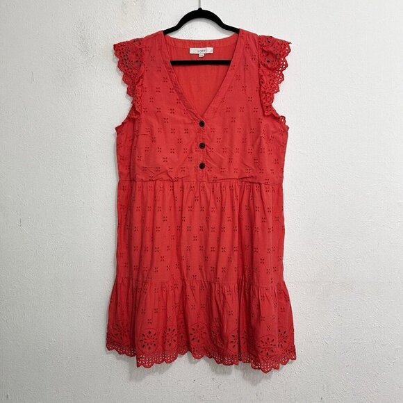 LOFT Coral Embroidered Eyelet Flutter Sleeve Tiered Ruffle Shift Dress Size 12 - Picture 2 of 13